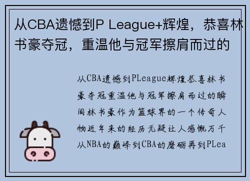 从CBA遗憾到P League+辉煌，恭喜林书豪夺冠，重温他与冠军擦肩而过的瞬间
