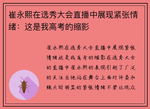 崔永熙在选秀大会直播中展现紧张情绪：这是我高考的缩影