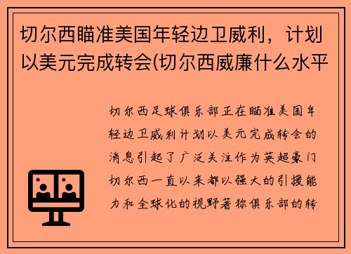 切尔西瞄准美国年轻边卫威利，计划以美元完成转会(切尔西威廉什么水平)