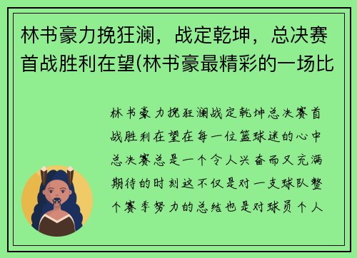 林书豪力挽狂澜，战定乾坤，总决赛首战胜利在望(林书豪最精彩的一场比赛)