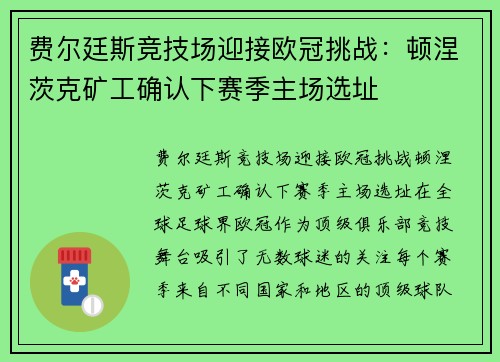 费尔廷斯竞技场迎接欧冠挑战：顿涅茨克矿工确认下赛季主场选址