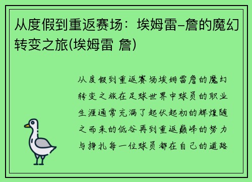 从度假到重返赛场：埃姆雷-詹的魔幻转变之旅(埃姆雷 詹)